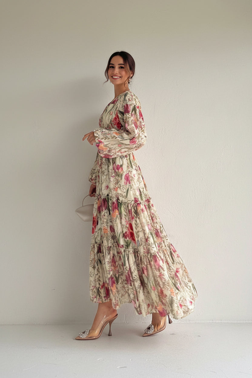 Elegant Floral Print Long Sleeve Maxi Dress - Women