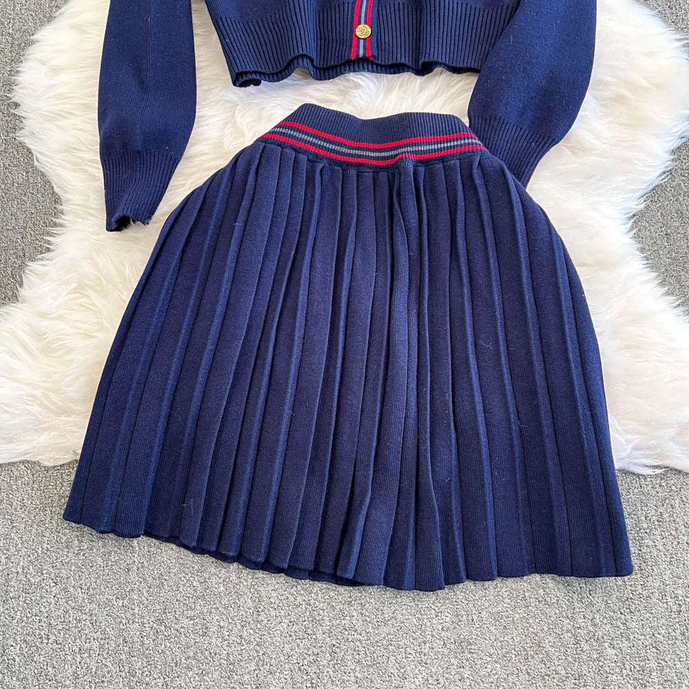 Women's Casual Back to School V-neck Knitted Cardigan and Pleated Skirt Two-piece Outfit Set