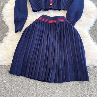 Women's Casual Back to School V-neck Knitted Cardigan and Pleated Skirt Two-piece Outfit Set