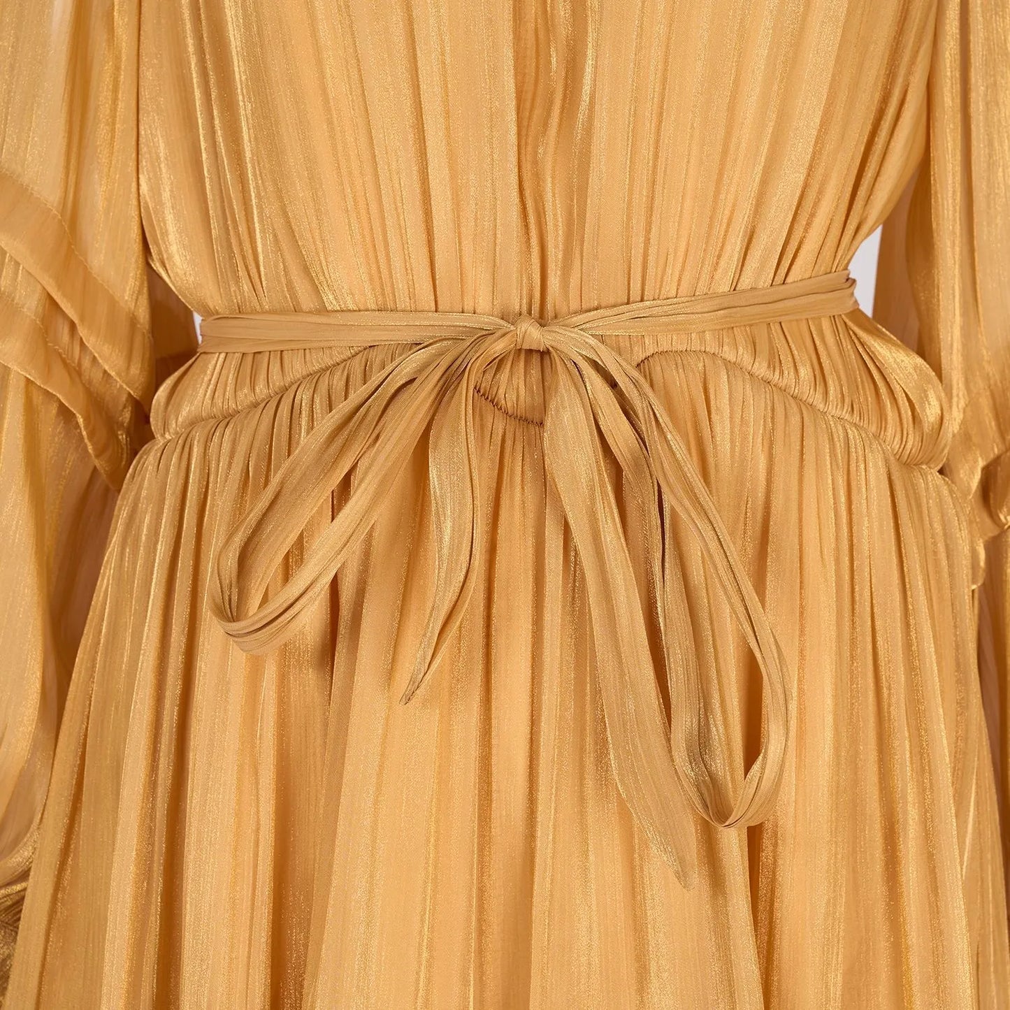 Women's V-neck Lantern Sleeve Fitted Waist Pleated Long Silk Dress with Belt - ChoreGirl
