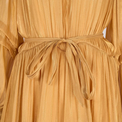 Women's V-neck Lantern Sleeve Fitted Waist Pleated Long Silk Dress with Belt - ChoreGirl