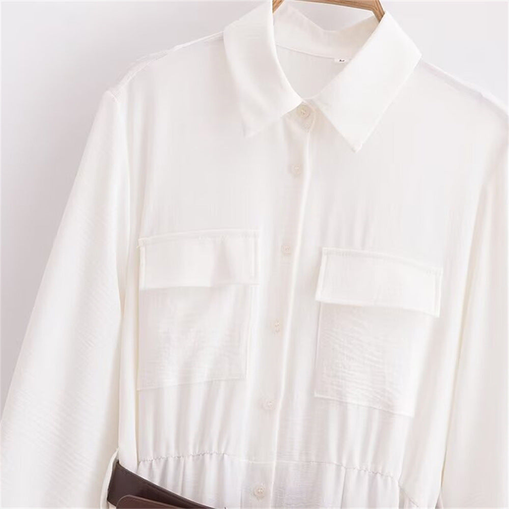 Women's White Thin Shirt Dress with Belt - ChoreGirl
