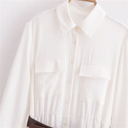 Women's White Thin Shirt Dress with Belt - ChoreGirl