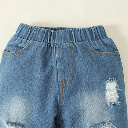 Baby Girl Round Neck Short Sleeved Top and Denim Pants Two-piece Outfit Set - ChoreGirl