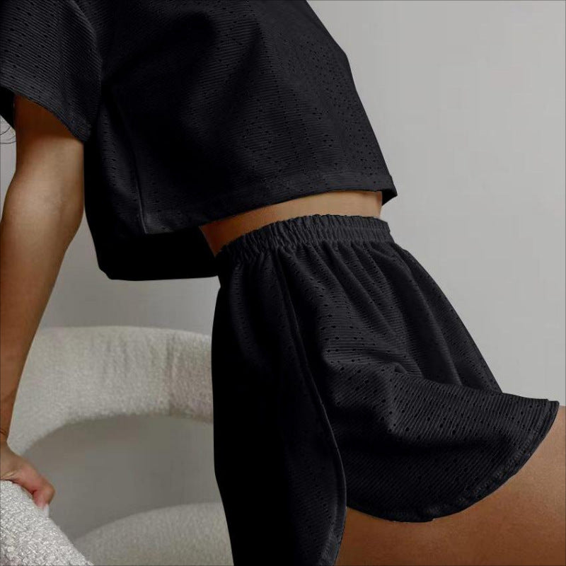 Women's Hollow-out Cropped T-Shirt and Shorts Two-piece Pajamas Set - ChoreGirl