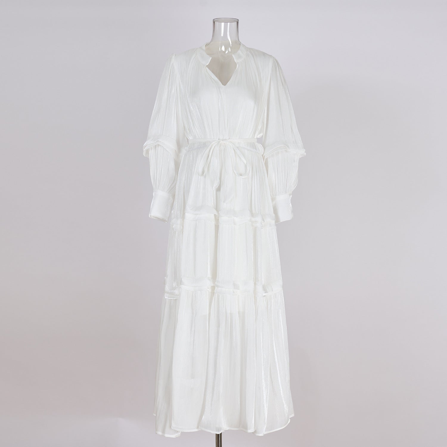 Women's V-neck Lantern Sleeve Fitted Waist Pleated Long Silk Dress with Belt - ChoreGirl