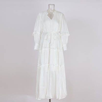 Women's V-neck Lantern Sleeve Fitted Waist Pleated Long Silk Dress with Belt - ChoreGirl