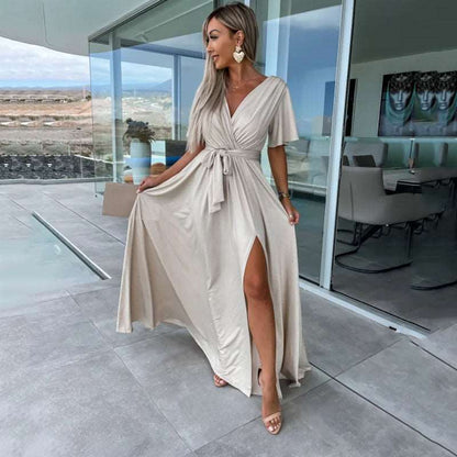Women's Deep V-neck and Slit Elegant Dress - ChoreGirl