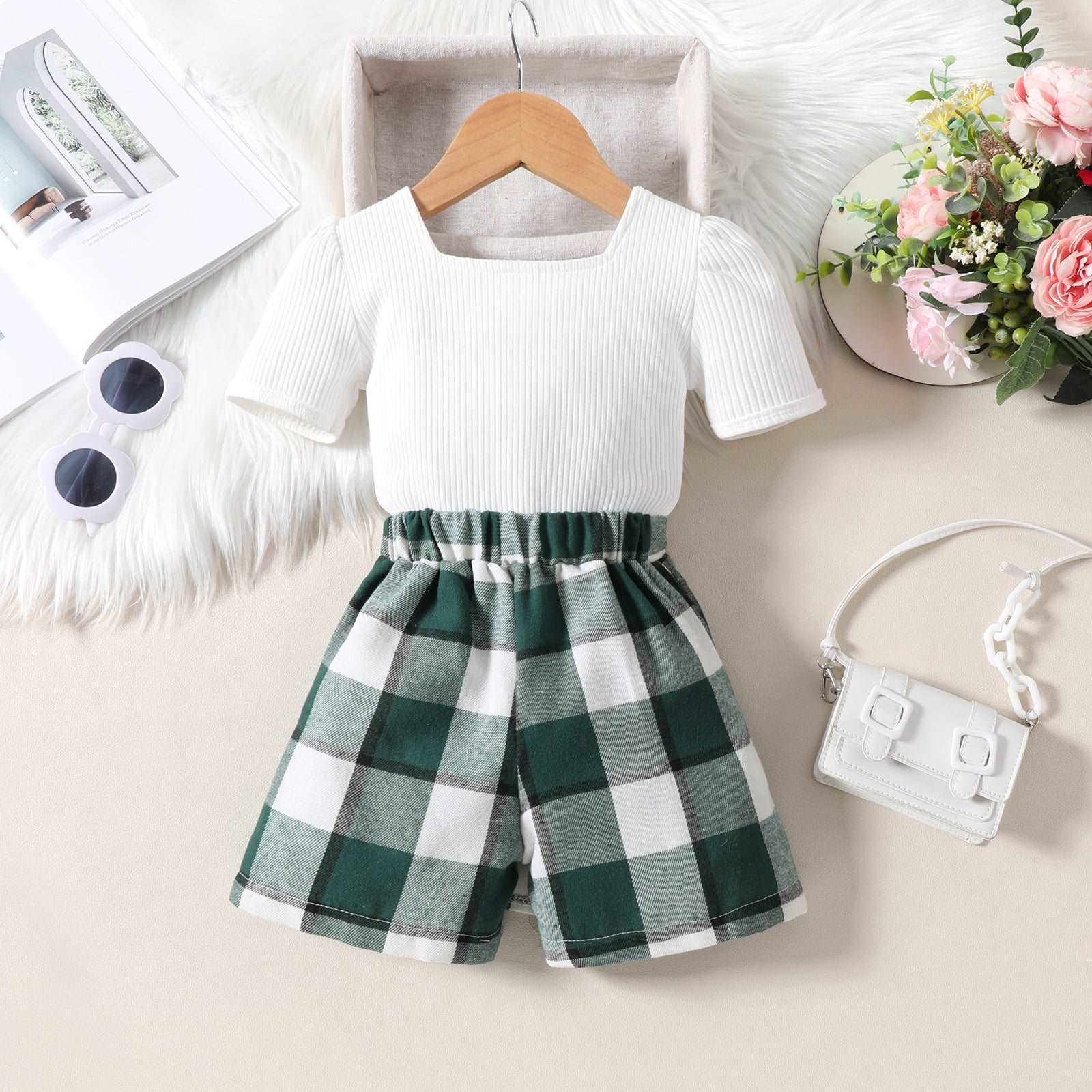 Baby Girl Short Sleeved Top and Irregular Plaid Shorts Outfit Set - ChoreGirl