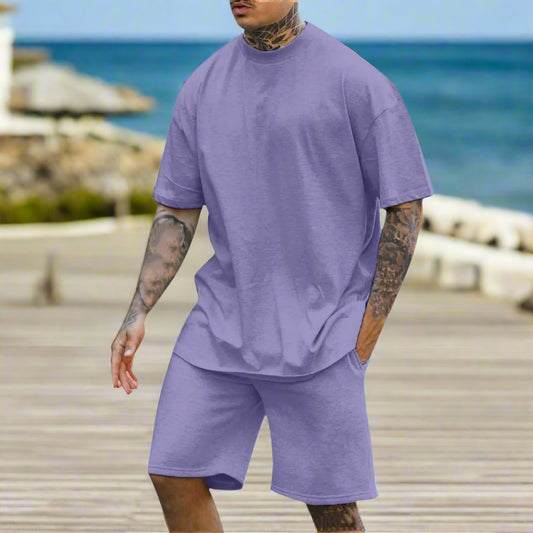 Men's Casual Comfortable Round Neck Drop Shoulder Short Sleeved T-shirt and Shorts Two-piece Outfit Set - ChoreGirl