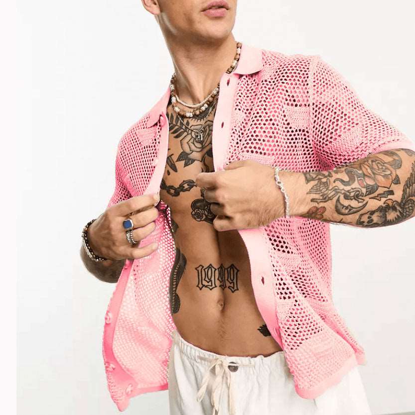 Men's Solid Color Loose Mesh Hollow Cut-Out Button-up Shirt - ChoreGirl