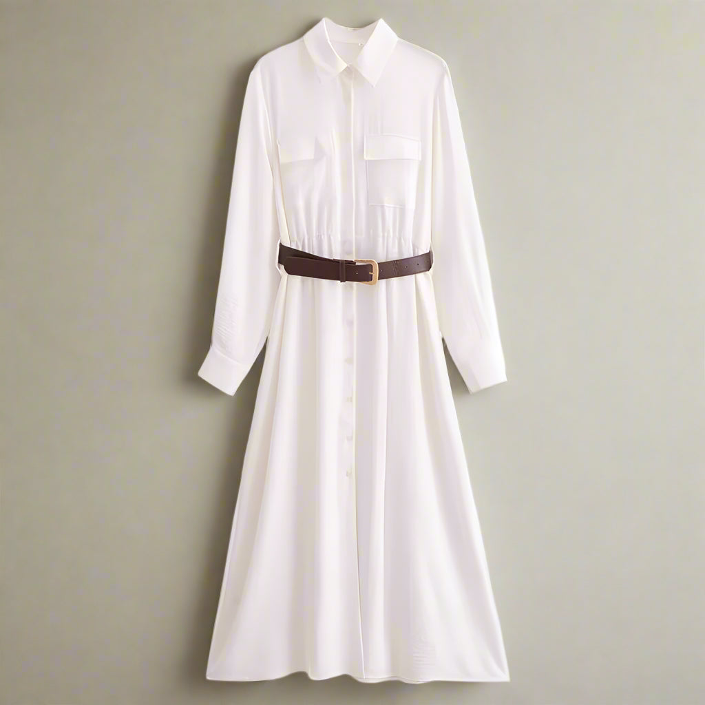 Women's White Thin Shirt Dress with Belt - ChoreGirl