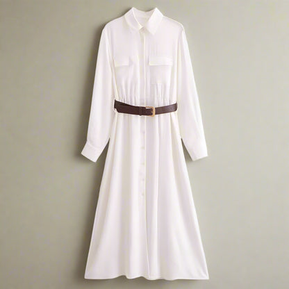 Women's White Thin Shirt Dress with Belt - ChoreGirl