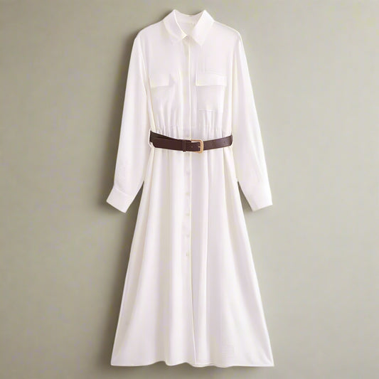 Women's White Thin Shirt Dress with Belt - ChoreGirl