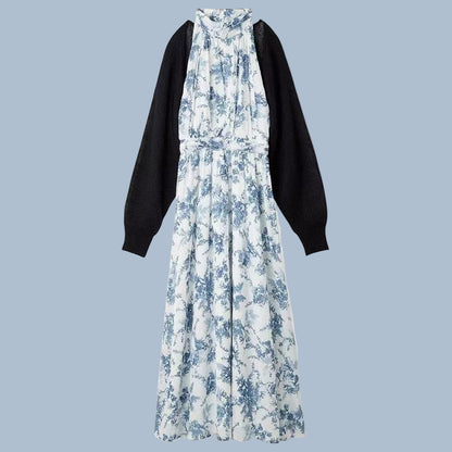 Women's Vintage Romantic Sleeveless Maxi Halter Dress with Bolero Cardigan - ChoreGirl