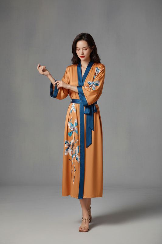 Elegant Ice Silk Satin Robe with Belt - Women's Vinylon