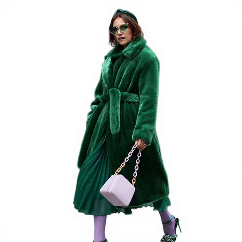 Women's Long Faux Fur Coat with Belt