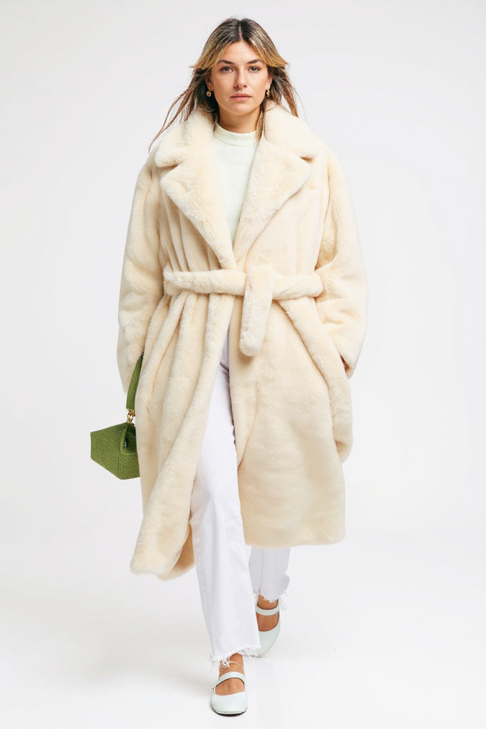 Women's Long Faux Fur Coat with Belt