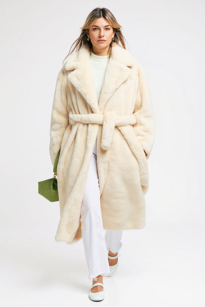 Women's Long Faux Fur Coat with Belt