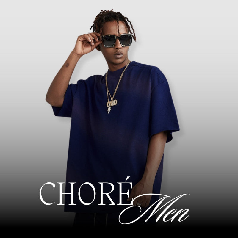 Man wearing sunglasses and a blue shirt with 'Choré Men' branding.
