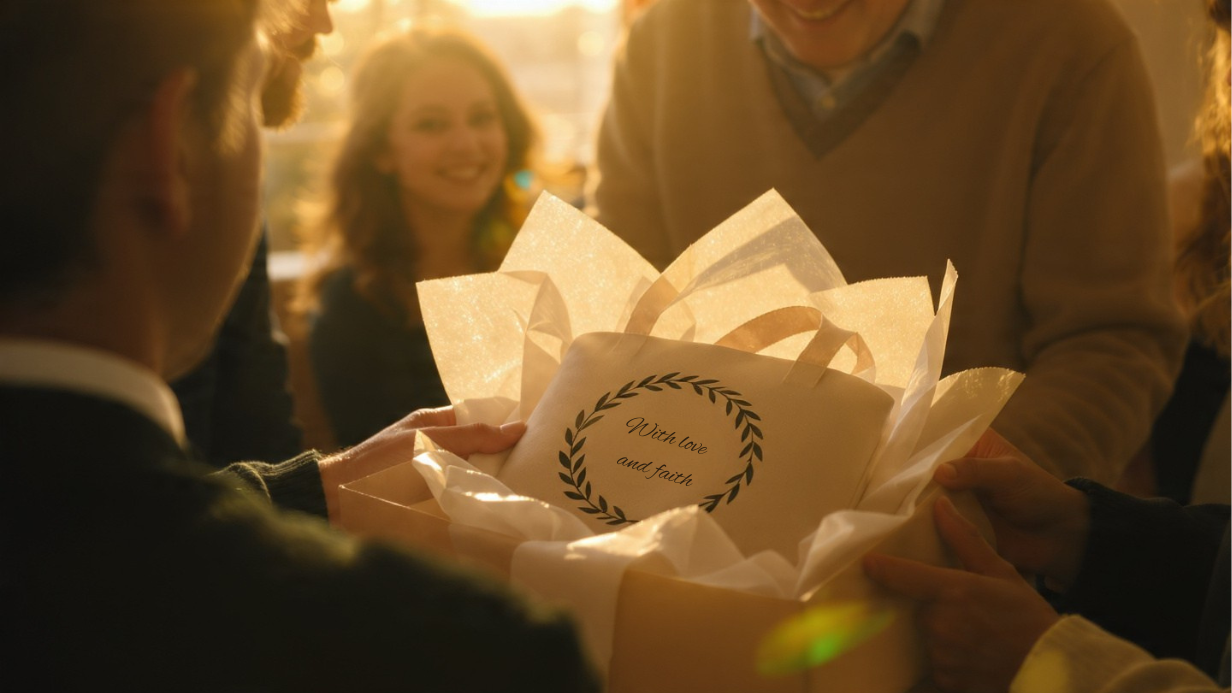 Person receiving a gift with a card inside, surrounded by others in a warm setting.