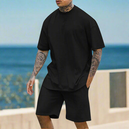 Men's Casual Comfortable Round Neck Drop Shoulder Short Sleeved T-shirt and Shorts Two-piece Outfit Set - ChoreGirl