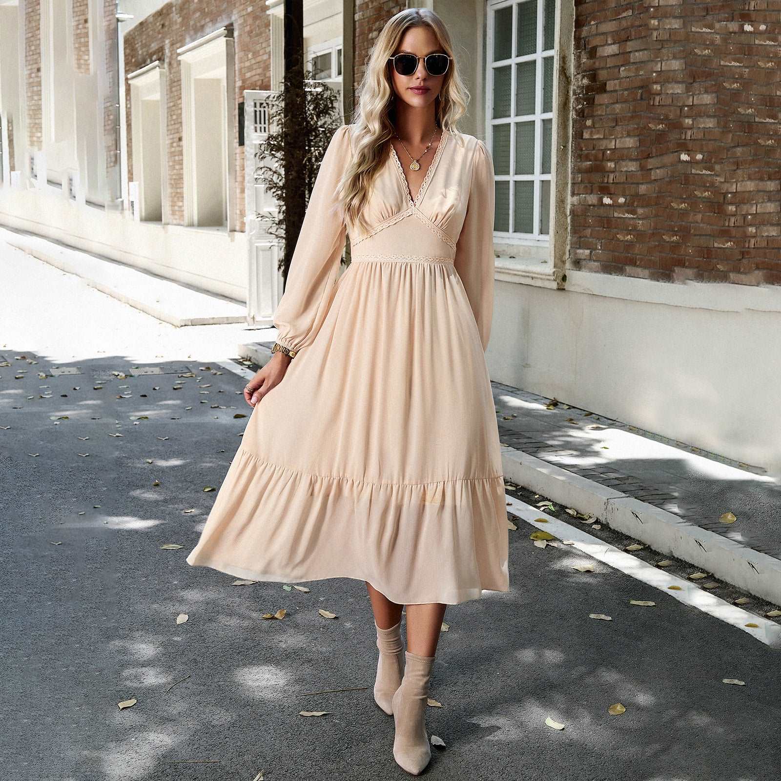 Women's Elegant Long V-neck Dress - ChoreGirl