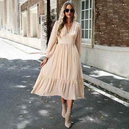 Women's Elegant Long V-neck Dress - ChoreGirl