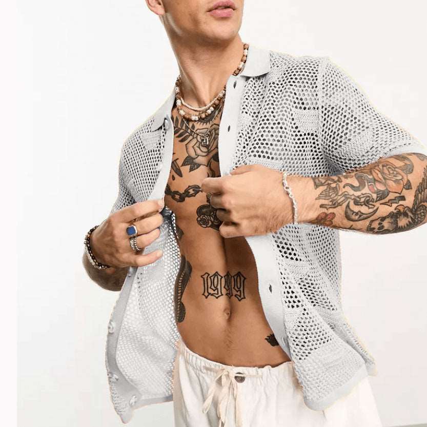 Men's Solid Color Loose Mesh Hollow Cut-Out Button-up Shirt - ChoreGirl