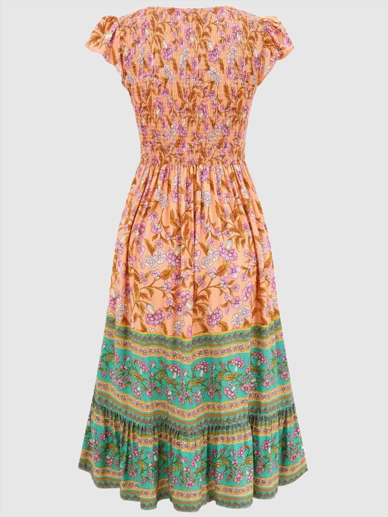 Women's Casual Bohemian Flower Print V-neck Ruffle Sleeveless Dress - ChoreGirl
