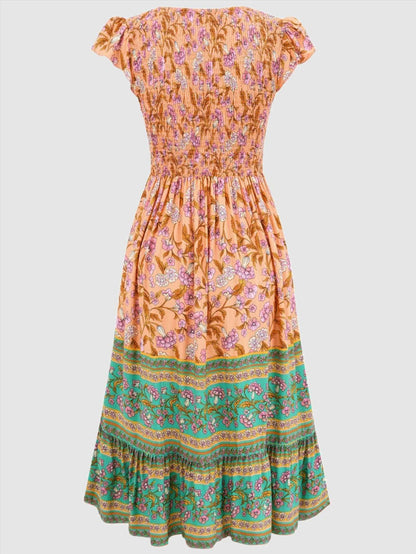 Women's Casual Bohemian Flower Print V-neck Ruffle Sleeveless Dress - ChoreGirl