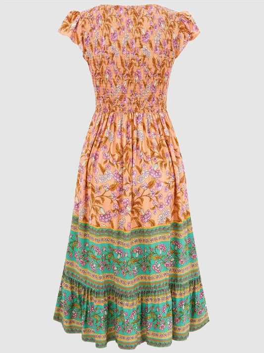 Women's Casual Bohemian Flower Print V-neck Ruffle Sleeveless Dress - ChoreGirl