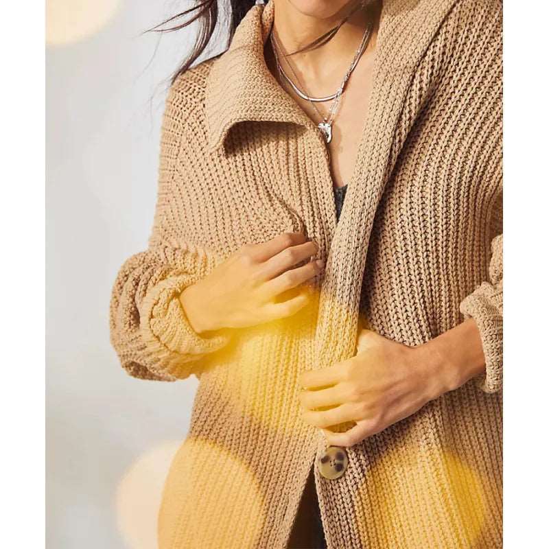 Women's Mid-length Lapel Collar Knitted Button-up Cardigan Jacket - ChoreGirl