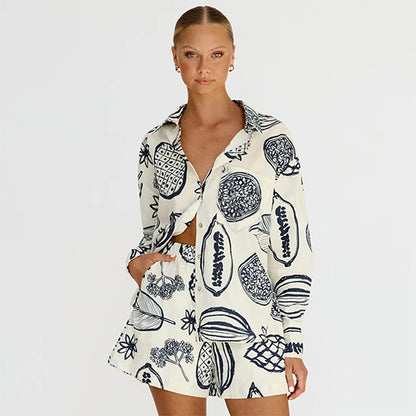 Women's Casual Fruit Printed Short Sleeved Shirt and Shorts Outfit Set - ChoreGirl