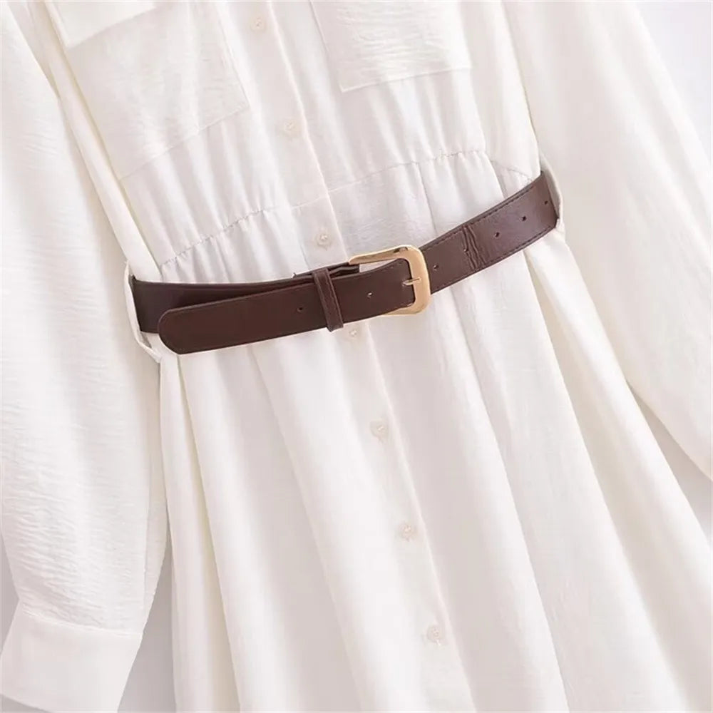Women's White Thin Shirt Dress with Belt - ChoreGirl