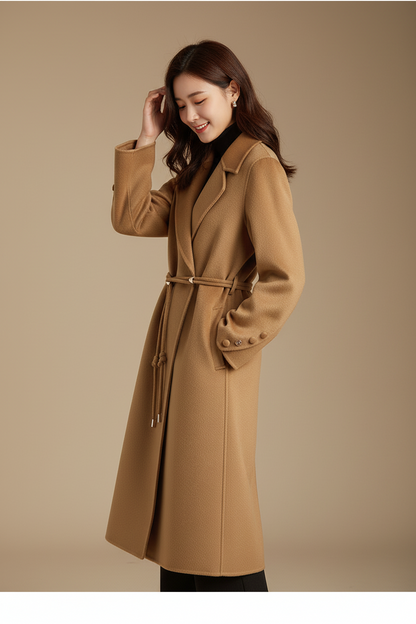 Elegant Long Cashmere Coat - Women's Wool Blend