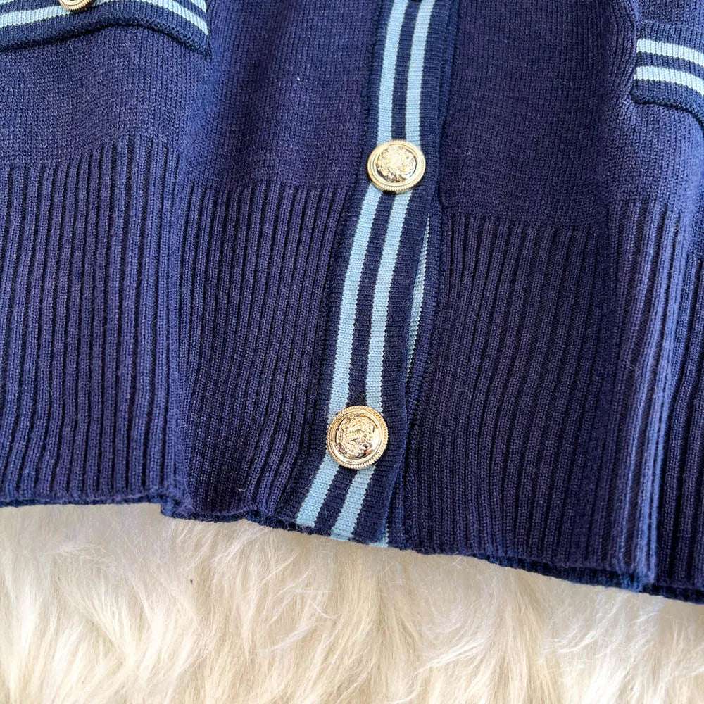 Women's Back to School Contrast Color V-neck Knitted Cardigan and Pleated Skirt Outfit Set