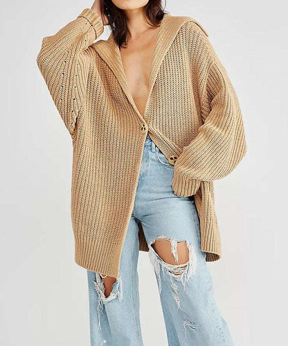 Women's Mid-length Lapel Collar Knitted Button-up Cardigan Jacket - ChoreGirl