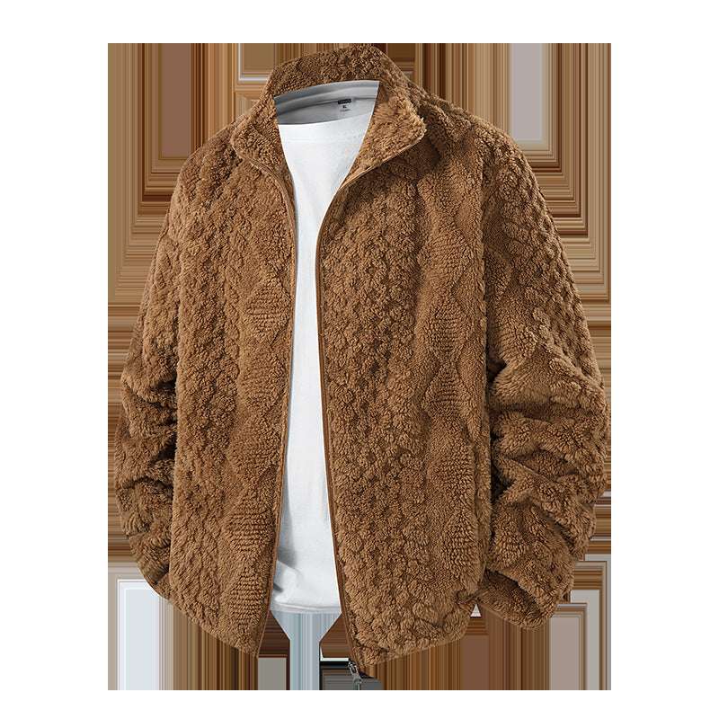 Men's Warm Fleece Padded Zip-up Jacket Hooded or Hoodless, Knit-like Pattern