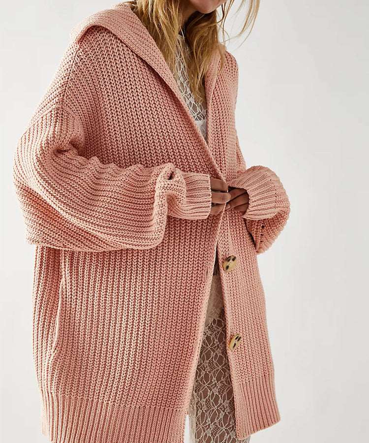 Women's Mid-length Lapel Collar Knitted Button-up Cardigan Jacket - ChoreGirl