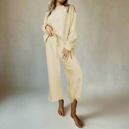 Women's Casual Textured Solid Color Loose Thick Long Sleeved Sweatshirt and Pants Two-piece Outfit Set - ChoreGirl