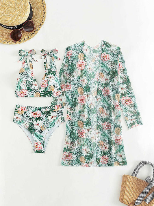 Women's Multicolor Printed Two-piece Swimsuit with Cover-up Robe - ChoreGirl