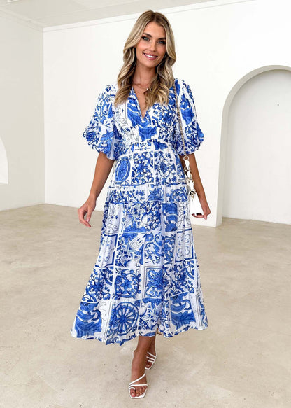 Women's Colorful Printed V-neck Puff Sleeve Dress - ChoreGirl