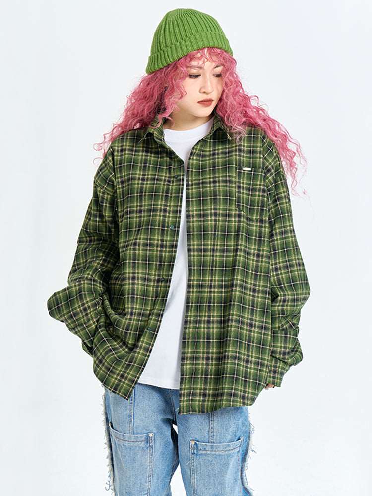Unisex Retro Plaid Long Sleeve Button Up Shirt - ChoreGirl