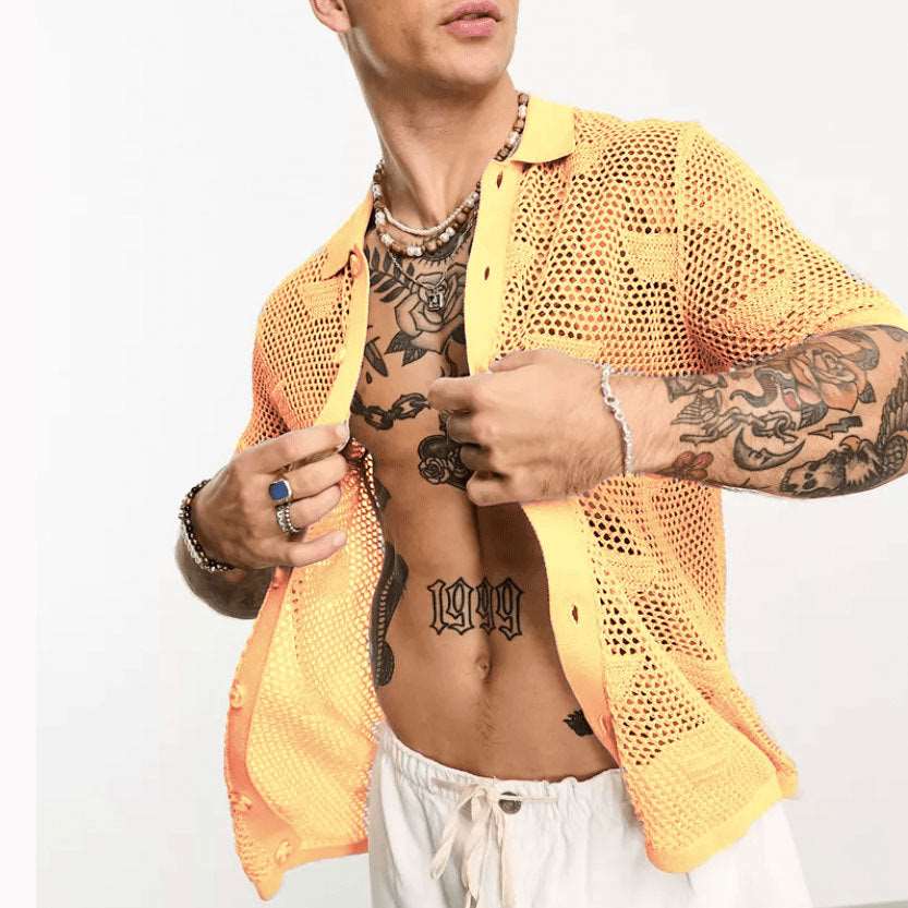 Men's Solid Color Loose Mesh Hollow Cut-Out Button-up Shirt - ChoreGirl