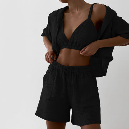 Women's Double-layer Gauze Short Sleeved Shirt, Bra Top and Shorts Loungewear Set - ChoreGirl