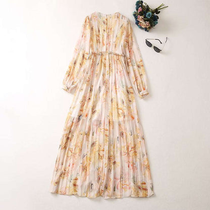 Women's Elegant Long Sleeved Pleated V-neck Dress - ChoreGirl
