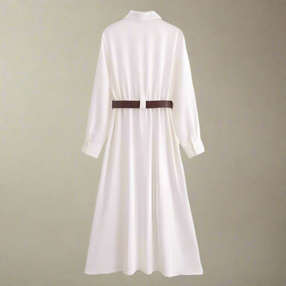 Women's White Thin Shirt Dress with Belt - ChoreGirl