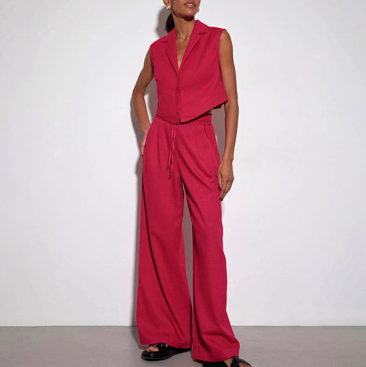 Women's High Waist Wide Leg Pants and Sleeveless Button-Up Vest Outfit Set - ChoreGirl