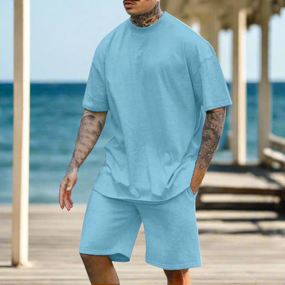 Men's Casual Comfortable Round Neck Drop Shoulder Short Sleeved T-shirt and Shorts Two-piece Outfit Set - ChoreGirl